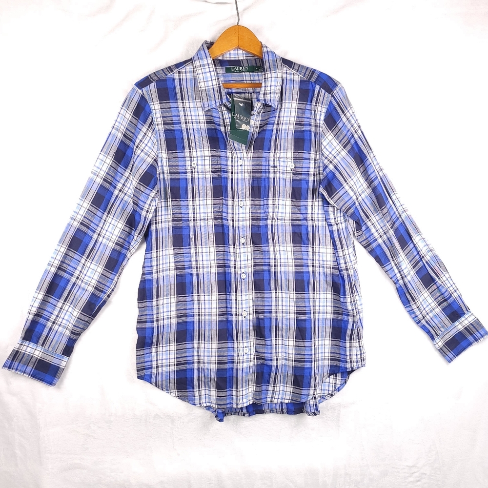 Lauren Ralph Lauren Blue Plaid Brushed Lightweight Cotton Shirt M NWT